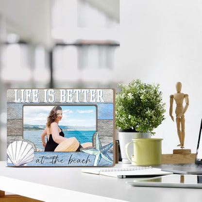 Vacation Honeymoon Wood Photo Frame Life Is Better at the Beach Themed Gifts Desk Picture Frame Modern Pictures Frames Farmhouse Picture Frames Photo Gifts for Cruise Lovers Beach Gift YT0080 - color: Blue