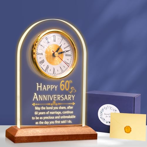 OkiyiD 60th Anniversary Wedding Gift, Anniversary Quartz Clock, Desk Table Clock, 60 Years of Marriage, Golden Wedding for Couple, Parents, Grandparents (Wooden Base with LED Light) - color: Pattern 2