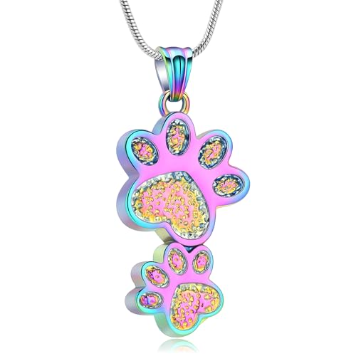 Paw Print Urn Necklace for Ashes Pet Cremation Jewelry Stainless Steel Memorial Necklaces Ash Holder for Pet/Dog/Cat Keepsake Jewelry for Loved Ones with Fill Tool - color: Colorful