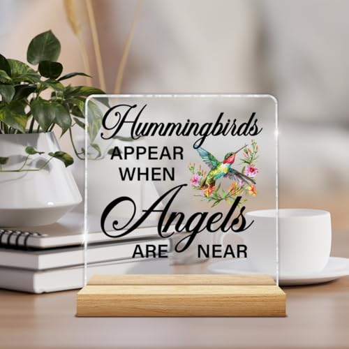 Loss of Loved One Sympathy Gifts, Bereavement Memorial Gifts for Women Men, Hummingbirds Appear When Angels Are Near Acrylic Plaque Sign with Wooden Stand Home Decor0605
