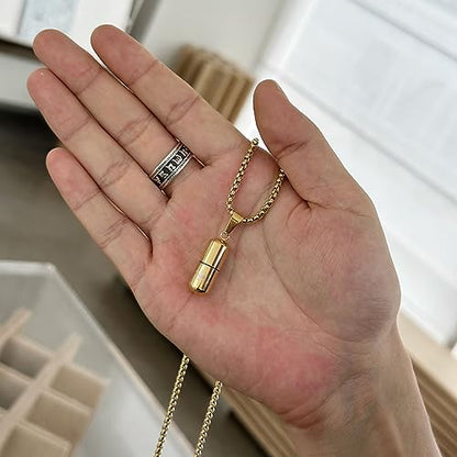 STWTR Stainless Steel Cylindrical Souvenir Capsule Pill Pendant Necklace, Cremated Ashes Pill Container Necklace - color: Gold-B