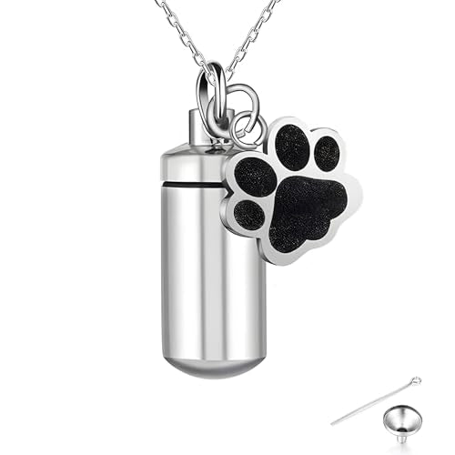 Stainless Steel Pet Urn Necklace for Ashes - Memorial Cremation Jewelry with Black Paw Print Charm, Christmas/Mother's Day/Thanksgiving Sympathy Gift for Dog/Cat Lovers