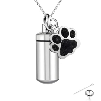 Stainless Steel Pet Urn Necklace for Ashes - Memorial Cremation Jewelry with Black Paw Print Charm, Christmas/Mother's Day/Thanksgiving Sympathy Gift for Dog/Cat Lovers