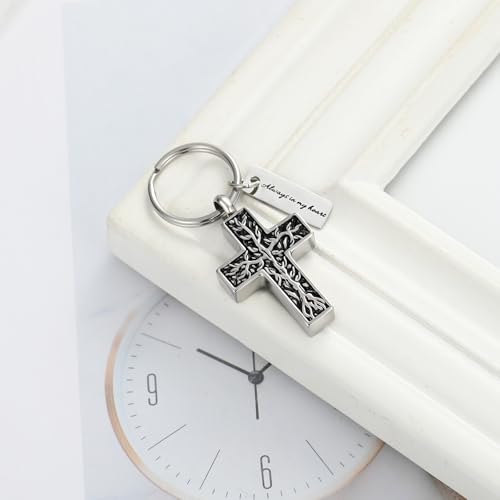 XSMZB Cross Urn Necklace for Ashes for Women Men Tree of Life Cross Cremation Jewelry Keepsake Pendant for Ashes of Loved One - color: Silver Keychain