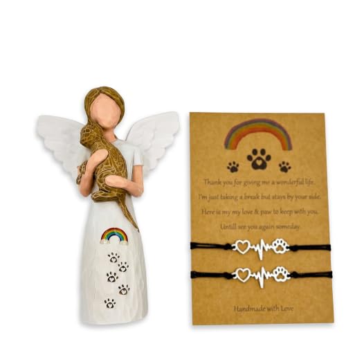 Rainbow Bridge Pet Memorial Angel Figurine with 2Pcs Heartbeat Paw Charm Bracelets, Brown Cat Bereavement Statue, Cat Loss Sympathy Remembrance Gift for Cat Owners