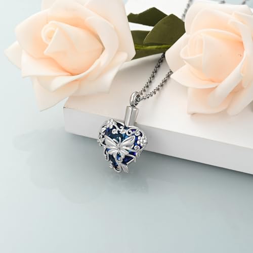 shajwo Butterfly Heart Urn Necklaces Cremation Jewelry for Ashes for Women Men Memorial Human Ashes Pendant - color: A Siver-Blue