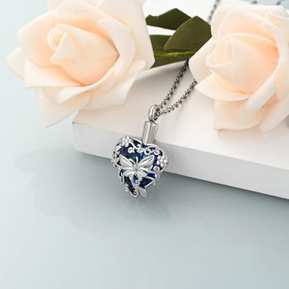 shajwo Butterfly Heart Urn Necklaces Cremation Jewelry for Ashes for Women Men Memorial Human Ashes Pendant - color: A Siver-Blue