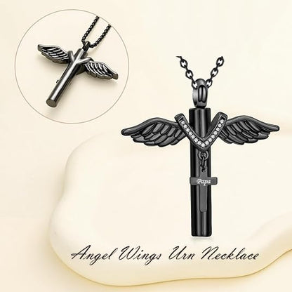 Cross Urn Necklace for Mom Dad Grandma Grandpa Brother Uncle Aunt Angel Wings Cremation Pendant Memorial Keepsake Jewelry - style: Papa