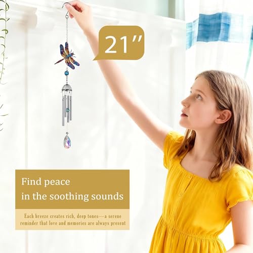 YU FENG Dragonfly Wind Chime with Crystal Suncatcher, Memorial Garden Decor - style: Tranquil Garden – Dragonfly – 21 Inch
