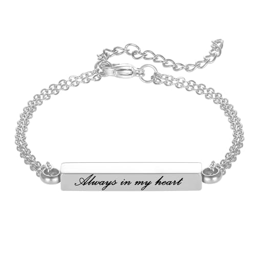 Horizontal Bar Urn Bracelet For Ashes For Women Girls Stainless Steel Cremation Jewelry For Ashes-Adjustable Length Keepsake Memorial Bracelet Engravable - color: Silver- Always in my heart