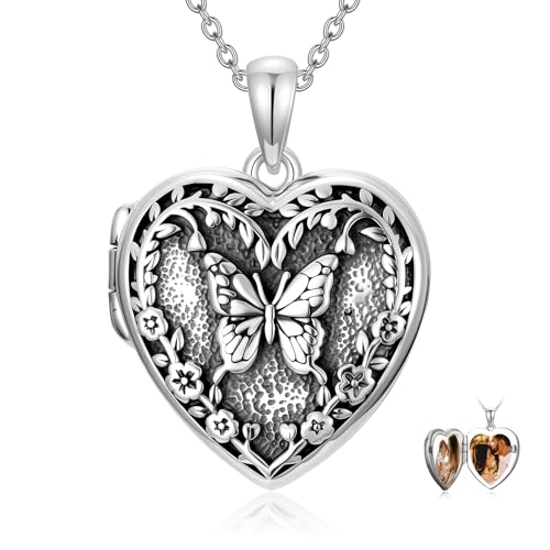 Heart Locket Necklace 925 Sterling Silver Custom Photo Pendant That Holds Pictures Memorial Jewelry Gifts for Women Mom Daughter - color: Butterfly, style: 3-photo&text customized