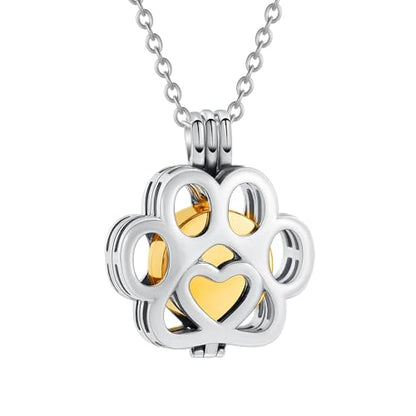 Pet Paw Urn Locket for Ashes Stainless Steel Cremation Jewelry for Dog/Cat Memorial Urn Necklace with Mini Casket Funeral Jewelry - color: Silver-Gold