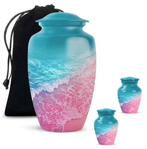 Yatskia Blue and Pink Beach Small Urns for Human Ashes Keepsake Mom and Dad, Large Funeral Urn for Adult Ashes, (Classic 10 Inch and 3 Inch) - color: #1 Pink, size: Combo Pack of 3