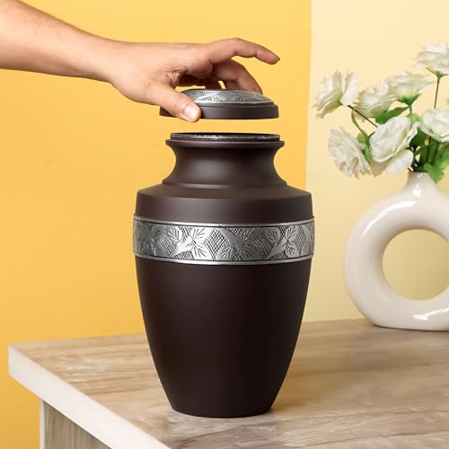 Maroon Cremation Urn for Human Ashes, 11 in. H | Aluminum, hand-carved, silver engraved bands, maroon finish, adult capacity, screw-top lid, 11"H x 7" diameter - color: Maroon & Silver, size: 7x11