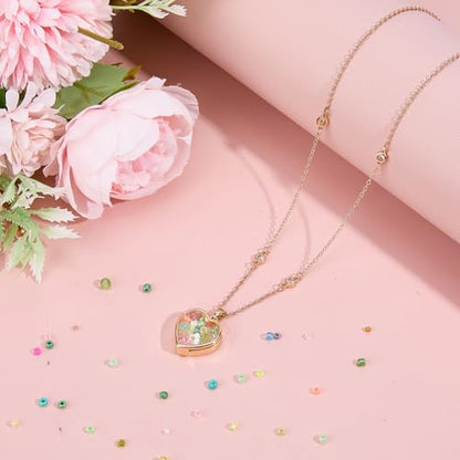 DICOSMETIC 1Pc Heart Locket Necklace 18.23 Inch Small Alloy Memory Locket Charms Necklace Clear Picture Frame Necklaces Golden Glass Floating Charm Necklaces with Jewelry Bags for Women Men