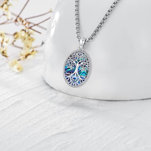 Sterling Silver Tree of Life Necklace for Women Oval Family Tree Necklace Abalone Shell Moonstone Pendant Mother Day Necklace for Mom Tree of Life Jewelry - style: Tree of Life