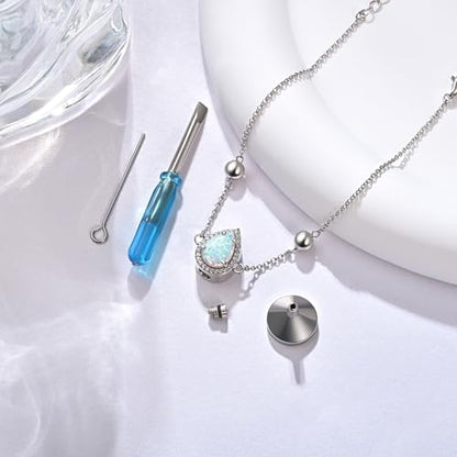 925 Sterling Silver Urn Bracelet for Ashes Women Cremation Jewelry | Memorial Keepsake Bracelet with Hidden Ashes Holder, Meaningful Remembrance Jewelry Gift for Loss of Loved One - style: Opal Teardrop Urn Bracelet