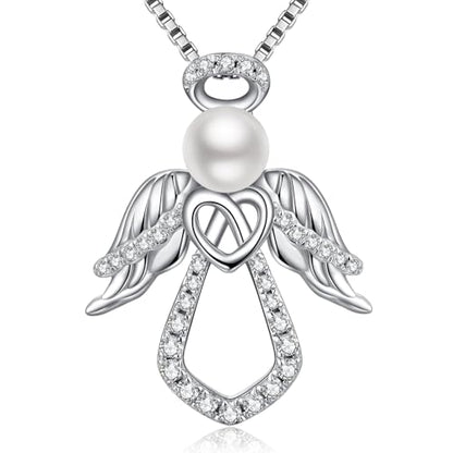 925 Sterling Silver Guardian Angel Pendant Necklace for Women with Birthstone Cubic Zirconia Little Angel Pendant Necklace Jewelry 18 inch Chain - color: 14-pearl-silver