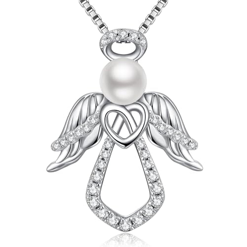925 Sterling Silver Guardian Angel Pendant Necklace for Women with Birthstone Cubic Zirconia Little Angel Pendant Necklace Jewelry 18 inch Chain - color: 14-pearl-silver