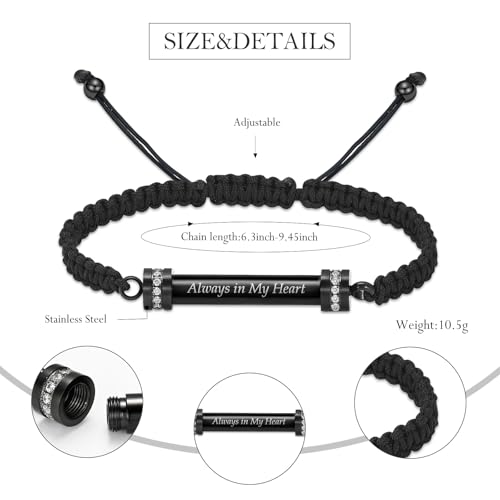 Hearbeingt Cylinder Cremation Bracelet for Ashes Adjustable Rope Urn Bangle - color: C-Black Always in my Heart