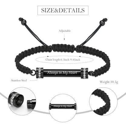 Hearbeingt Cylinder Cremation Bracelet for Ashes Adjustable Rope Urn Bangle - color: C-Black Always in my Heart