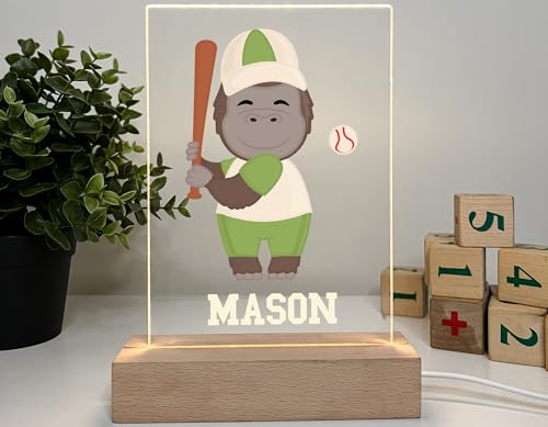 LED Night Light/Desk Lamp - Cartoon Animal Athletes Custom Name, Wooden Base featuring Monkey, Dog, Lion, Panda, Elephant, or Giraffe Sports Scene. Children's Night Light Crafted in Connecticut USA.
