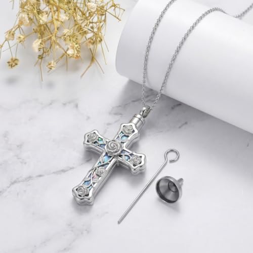 PELOVNY Urn Necklaces for Ashes of Loved Ones 925 Sterling Silver Personalized Heart Locket Urn Necklace Cremation Keepsake Memorial Jewelry Gifts for Women Men - color: Rose Cross Urn