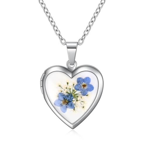 Rnivida Flowers Heart Locket Necklace for Women, Hold Photo Pictures Locket, 18 Inches - color: Blue