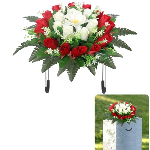 Headstone Flower Saddle Artificial Cemetery Flowers for Grave Cemetery Flowers Saddle for Outdoor Grave Decorations(Red) - color: Red