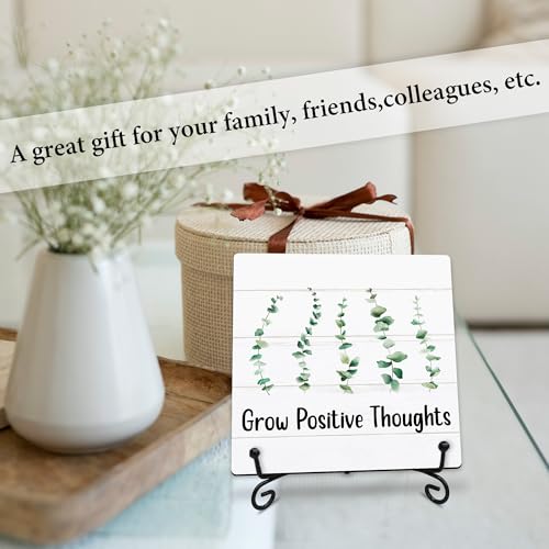 Grow Positive Thoughts Wooden Sign - 5" Inspirational Quotes Wooden Plaque With Metal Support - Greenery Rustic Tabletop Home, Office, Classroom Decor - Housewarming Gifts For Family & Friends - A03 - style: Grow Positive Thoughts