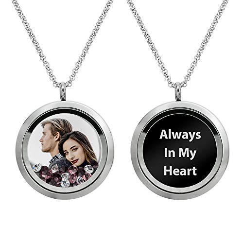 Personalized Color Photo Laser Engraved Text Message Floating Locket Crystals Pendant Necklace Handmade f/Birthday Anniversary Christmas Valentine Day Gift - color: Purple - Color Photo Printing + Message Engraving