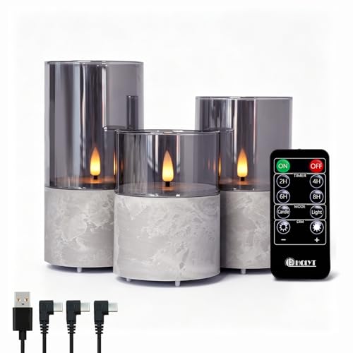 LEDHOLYT Rechargeable Marble Flameless Candles, Gray Glass LED Pillar Candle with Remote & Timer,Decorative Candles for Living Room, Bedroom, Holiday Décor & Gifts for Women,Set of 3 - color: Marble grey