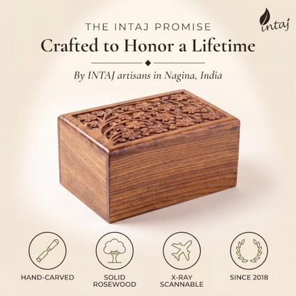 Rosewood Cremation Urn for Human Ashes, Tree of Life, Large 180 lb | Hand-carved solid sheesham rosewood, screw-locked sliding base, engraving available, holds up to 180 lb - color: Rosewood Tree of Life, size: Large (180 lb)
