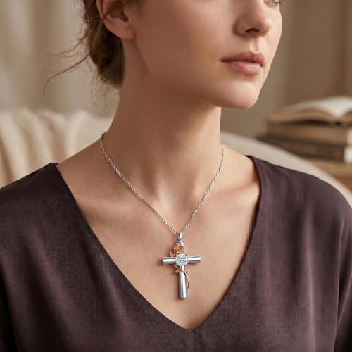 YYB Rose Flower Urn Necklaces Cross Birthstone Cremation Jewelry for Ashes Memorial Keepsake Funeral Pendant for Women - color: 04-Apr-CZ.
