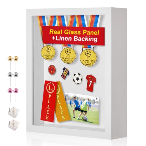 11x14 Shadow Box Frame with Shatterproof Clear Glass & Push Pins | With Linen Back and Stand, Deep 1.5" White Shadow Box Display Case – Display on Tabletop or Wall for Photo, Wedding, Keepsake - color: White+foam Back+foam Packaging, size: 11x14