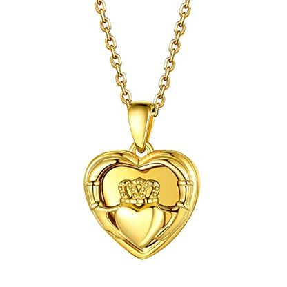 Bestyle Sterling Silver Heart Locket Necklace for Women, Dainty Cute Small Heart Locket Pendant in Gold/Rose Gold/Silver, Love Statement Jewelry Gift for Mother Wife - color: C1. Claddagh-Gold-Locket Only, NO Custom