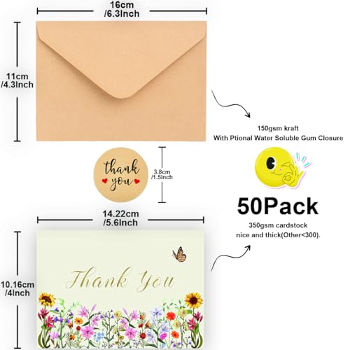 WowBefun 50 Pack 350GSM | Thank You Gifts | Thank You Cards with Envelopes | Small Thank You Cards | Thank You Notes & Cards for Teacher, Graduation, Business, Holiday, and Christmas - color: B Style 50pc