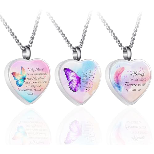 RIPFEVURN 3pcs Cremation Jewelry Heart Butterfly Urn Necklaces for Ashes for Women Stainless Steel Glass Urn Locket for Human Ashes Holder Memorial Keepsake Pendant