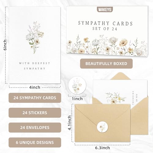 24 Pcs Sympathy Cards with Envelopes, Bulk Condolence Cards with Thoughtful Messages with Adhesive Envelopes and Stickers, 6 Unique Designs