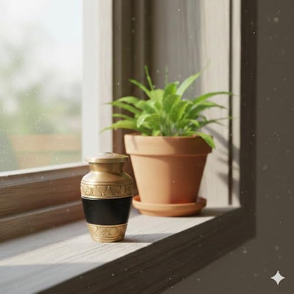 Gray Comet Small Keepsake Cremation Urns for Human Ashes with Velvet Heart Case and Funnel - Beautiful Peaceful Gold & Black Hand Engraved Mini Memorial Urn