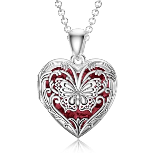 SOULMEET Personalized Butterfly Locket Necklace That Holds Up to 2 Pictures, Memorial Insects Silver Butterfly Photo Locket Custom Any Photo Healing Gift - color: D-Opal Red, style: Locket Necklace Only