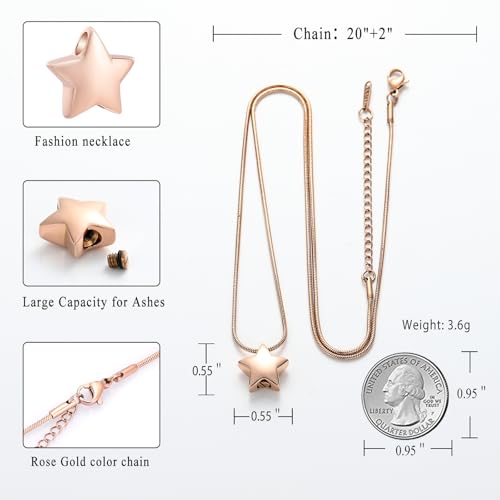 memorial jewelry Small Star Charm Cremation Urn Pendant Ashes Memorial Necklace for Woman Free Filling Kits Include - color: Rose Gold