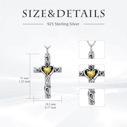 TOUPOP Cross Urn Necklaces for Ashes Birthstone Cremation Jewelry 925 Sterling Silver Cross Memorial Keepsake Jewelry for Women (with Funnel Filler) - color: 11-November-Citrine