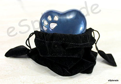 eSplanade Brass Mini Cremation Heart-Shaped Keepsake Memorial Jar Pot Container | Small Urn for Funeral Ashes Burial | Paws Engraved Metal Keepsake with Stand | Dark Blue - 2.75" Inches