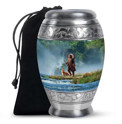 Native American Decorative Urns for Human Ashes - Burial Urn for Mom and Dad - Large Blue Urn for Father - Fox Cremation Urns for Adult Ashes Women and Men 10 Inch - color: Native American-3, size: 10-inch