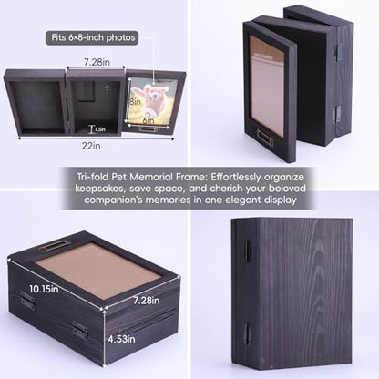 XKDOUS Tri-Fold Premium Solid Wood Photo Frame 6×8', pet Memorial Gifts for Loss of Dogs, Pet Picture Frame, Dogs & Cats Loss of Dog Sympathy Gift, Pet Memorial Shadow Box, with Clay paw Print kit