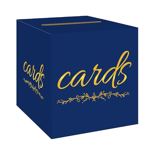 Wedding Card Box with Slot Navy Blue Gold 7.8 in Baby Shower Party | Graduation, Birthday, Bridal Shower, Wedding Reception, Holds Cards & Envelopes, Gift Cards, Easy Assembly, Folds Flat - color: BlueGoldFlower