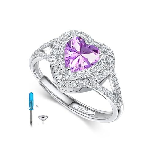 AOBOCO Sterling Silver Heart Birthstone Cremation Ring Holds Loved One's Ashes, Heart Urn Ring for Women, Memorial Keepsake Embellished with Austrian Crystals size 6-9 Adjustable Ring - color: 06-pueple-Jun