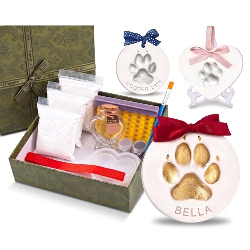 Lunarpath Pet Paw Print Memorial Kit for Dogs & Cats, White | Comes with hair bottle, 3 clay packs, heart & circle molds, paint & stands to DIY 3 personalized memorial ornaments