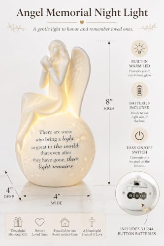 Memorial Angel Figurine with LED Light, Sympathy Gifts for Loss of Loved One, Ceramic Remembrance Angel Statue, Bereavement Gift, Funeral Keepsake, in Memory Gift, Batteries Included - color: White With Warm Light
